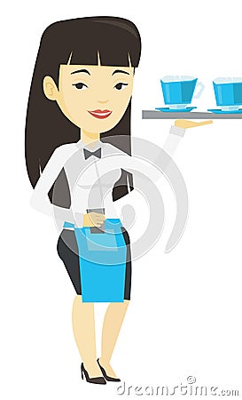 Waitress holding tray with cups of coffeee or tea. Vector Illustration