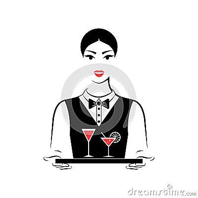 Waitress holding two glasses of wine and cocktail Vector Illustration
