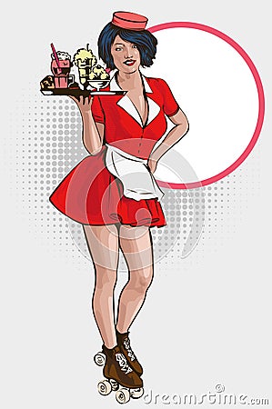 Waitress with plate on roller skates. Red dress. Diner waitress. Vector image Vector Illustration