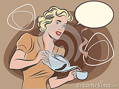 The waitress pours tea pastel retro colors Vector Illustration