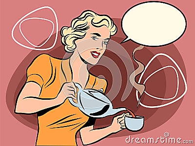 The waitress pours tea retro colors Vector Illustration