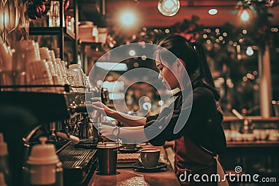 Waitress Serves Hot Coffee With Care In A Cozy Caf Setting Stock Photo