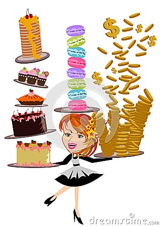 Waitress serving cakes Vector Illustration