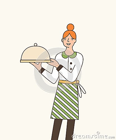 Waitress serving dish flat vector illustration. Young female waiter wearing apron and holding tray with lid cartoon Vector Illustration