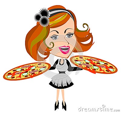 Waitress serving pizza Vector Illustration