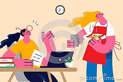 Waitress bring food to woman client in restaurant Vector Illustration