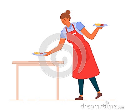 Waitress serving table with food isolated on white Vector Illustration