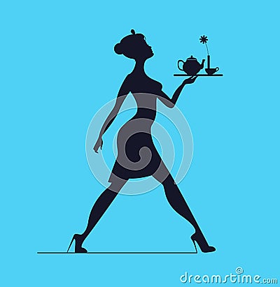 Waitress silhouette on a blue background. Slender girl carrying Vector Illustration