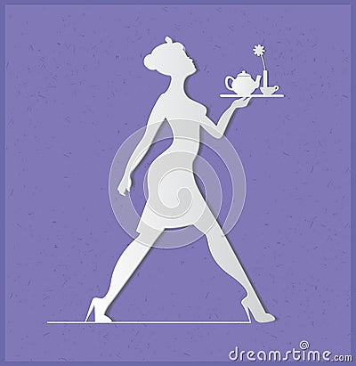 Waitress silhouette on a blue background. Slender girl carrying Vector Illustration