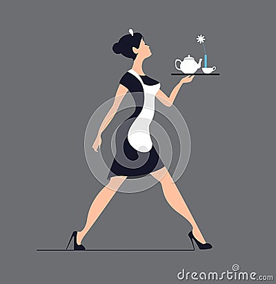 Waitress silhouette on a blue background. Slender girl carrying Vector Illustration