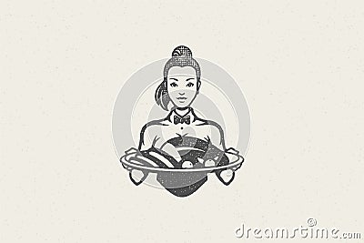 Waitress silhouette in uniform holding tray with roasted poultry turkey hand drawn stamp effect vector illustration. Vector Illustration