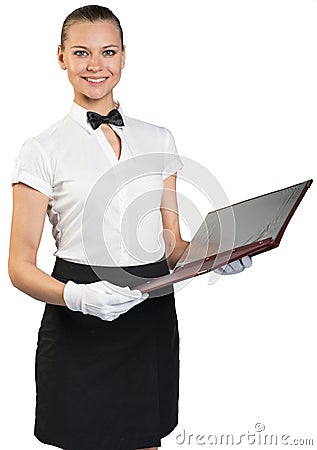 Waitress with teeth smile in white gloves Stock Photo