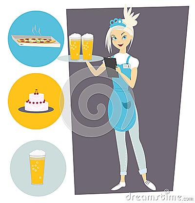 Waitress with a tray and a beer. Set with objects Vector Illustration