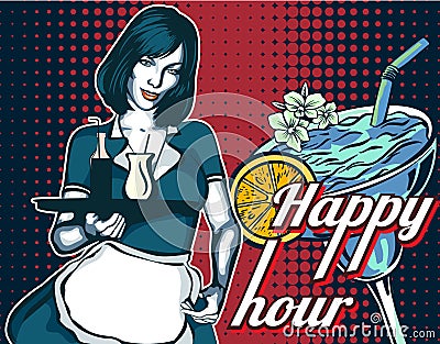 Waitress with the tray.Happy hour. Flyer for a bar or nightclub. Vector Illustration