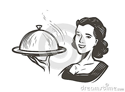 Waitress with a tray. Restaurant, food concept sketch vintage vector illustration Vector Illustration