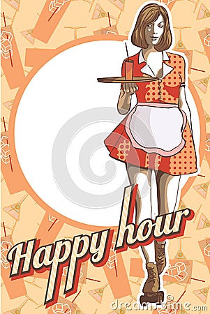 Waitress with a tray on roller skates, vector art. Waitress from a diner. Short skirt. Vector Illustration