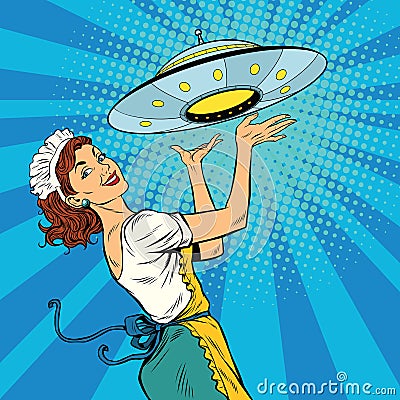 The waitress with UFO Vector Illustration