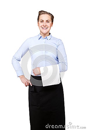Waitress woman smiling over white background isolated. Stock Photo