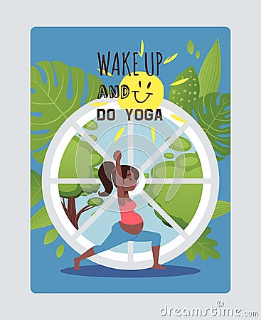 Wake up, go yoga, pregnant women character, sport activity for gestation period, flat vector illustration. Web poster Vector Illustration