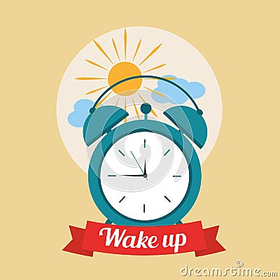 Wake up good morning poster with alarm clock and clouds Vector Illustration