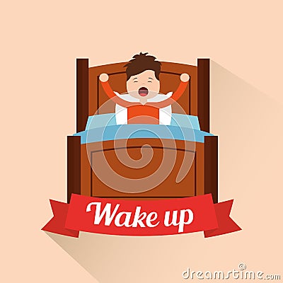 Wake up little boy stretching in the bed Vector Illustration