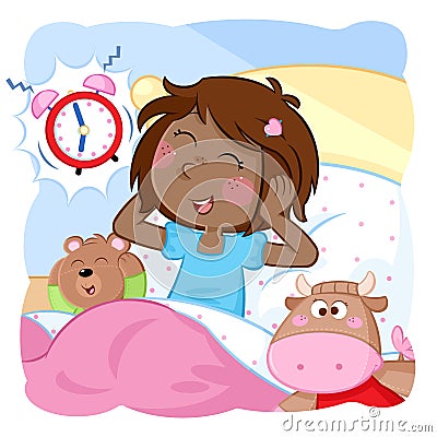 Wake up little girl - Daily routine - Good morning - Time for school Cartoon Illustration