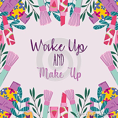 Wake up and makeup cosmetics product fashion beauty Vector Illustration