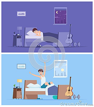 Wake up man. Joyful happy morning sleeping male person stretching in bad sitting on mattress vector peaceful characters Vector Illustration