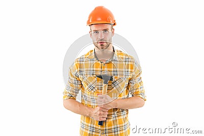 Wake up masters in yourself. Inspired guy with hammer. Improvement and renovation. Man builder or inspector. Engineer Stock Photo