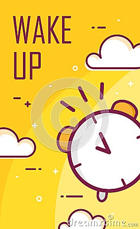 Wake up poster with alarm clock. Thin line flat design. Vector good morning background Vector Illustration