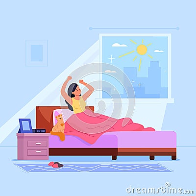 Wake-up woman. Morning sunlight and stretching beautiful girl in bedroom, wake up at bed sleep energy fresh new day Vector Illustration