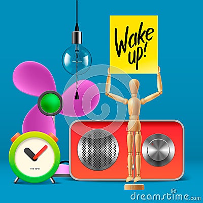 Wake up. Workspace mock up with analog alarm clock Vector Illustration