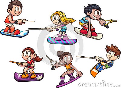 Cartoon wake boarding boys and girls Vector Illustration