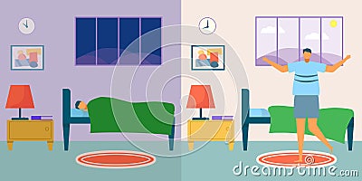 Wakeup man, vector illustration. Young male character rest in bed, person sleep at night, bedroom with comfortable Vector Illustration