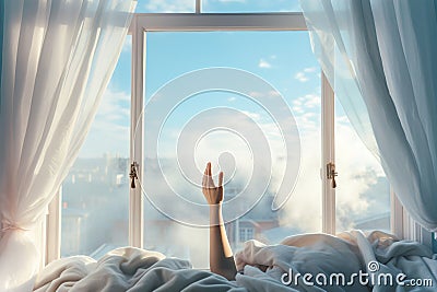 Waking up concept with stretched hand up on a window sill Stock Photo