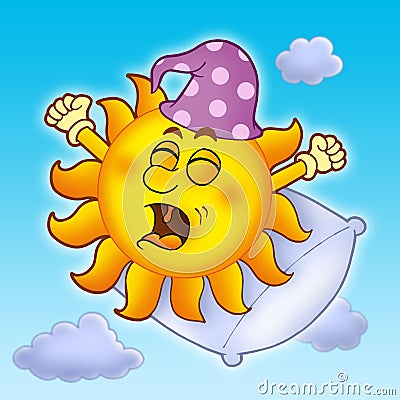 Waking up Sun on blue sky Cartoon Illustration