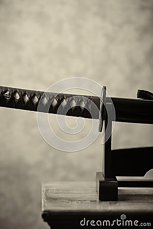 Wakizashi Sword on dark background. Stock Photo