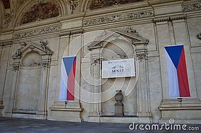 Waldstein palace in Mala strana with Czech flags, Prague - House of Senate Stock Photo