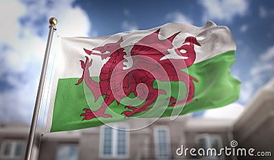 Wales Flag 3D Rendering on Blue Sky Building Background Stock Photo