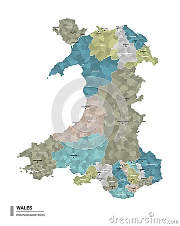 Wales higt detailed map with subdivisions. Administrative map of Wales with districts and cities name, colored by states and Vector Illustration