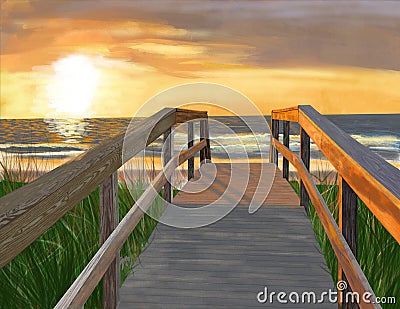 A walk along the boardwalk to the beach at sunset Stock Photo