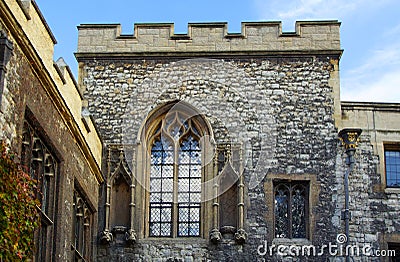 Walk on an Autumn Day and a fragment of the architectural design of the facade of the Abbey Stock Photo