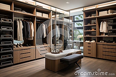 A walk-in closet with custom shelving, shoe racks, and a vanity area for getting ready in style. Stock Photo