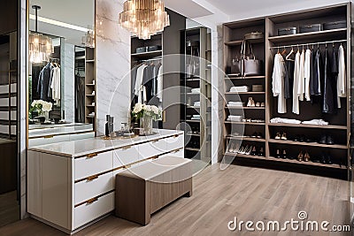 A walk-in closet with custom shelving, shoe racks, and a vanity area for getting ready in style. Stock Photo