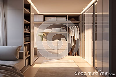 Walk in closet interior design, white walk in wardrobe in modern luxury and minimal style. generative ai Stock Photo