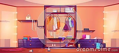 Walk in closet with mess, untidy woman clothes Vector Illustration