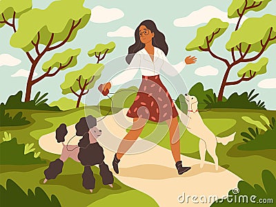 Walk with dog. Young woman and happy dogs on leashes in city park, owner and pets play outdoor, funny domestic animals Vector Illustration