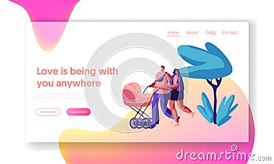 Walk Family with Baby Stroller in Park Landing Page. Parents Spend Time in Open Air with Pram. Happy Mother and Father Walking Vector Illustration