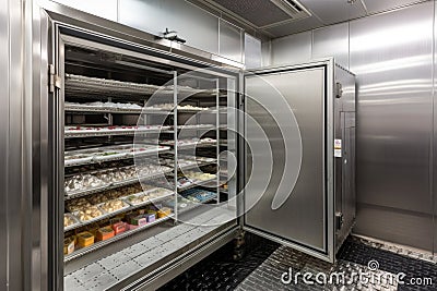 walk-in freezer, filled with block of ice and frozen foods Stock Photo