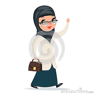 Walk Home Treatment Female Girl Cute Arab Doctor with Case Greets Hand Character Isolated Icon Medic Retro Cartoon Vector Illustration